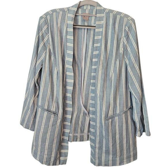 NWOT CHICO'S Cotton Blend Indigo Stripe Chambray Open Blazer Large Petite 12/14 - Picture 2 of 15